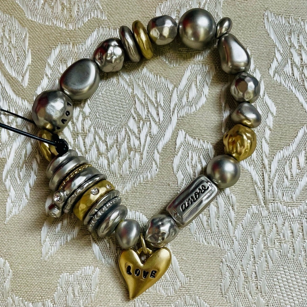 NWT Chico’s Silver Gold Tone Rhinestone Love Theme Mixed Media Stretch Bracelet